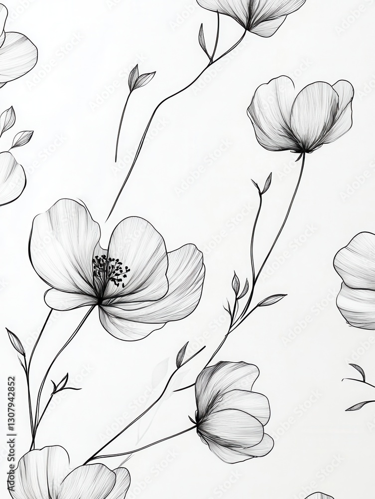 Poster Minimalist botanical line art featuring delicate floral patterns on a white background showcasing modern elegance and simplicity
