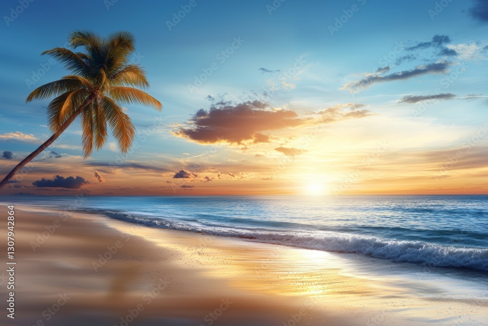 Aufkleber beautiful beach scene with a palm tree and the sun setting in the background