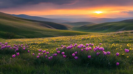 Fototapeta premium Enchanting Field of Tulips Against a Vibrant Sunset Sky : Generative AI