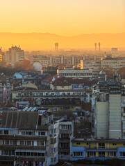 Sunset panrama of Plovdiv city from Nebet Tepe hill, Bulgaria