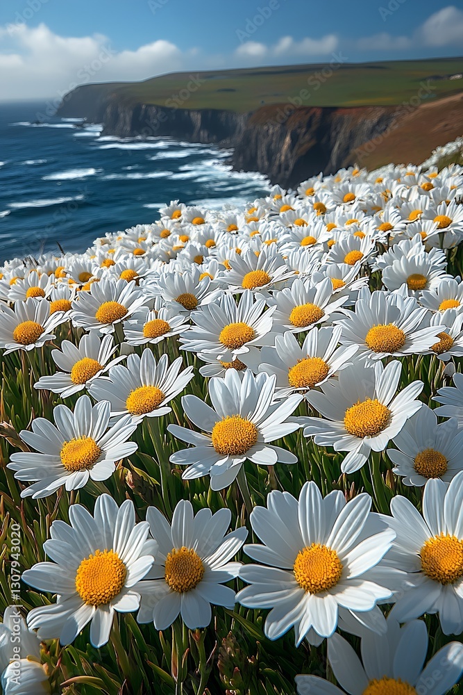 Poster gorgeous field of daisies overlooking a stunning ocean view with sunlight illuminating the scene : g