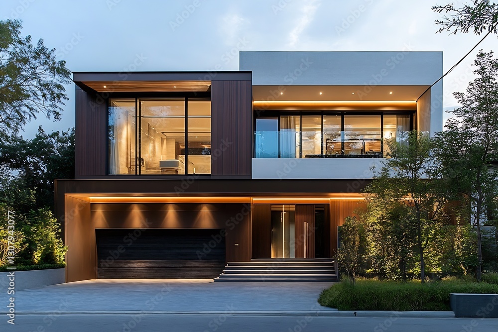 Aufkleber stunning modern house with a stylish facade and illuminated entryway set in a tranquil environment a