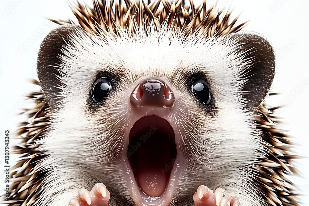 Poster Charming hedgehog in a funny pose displaying an expressive mouth open wide and curious eyes on a white background : Generative AI