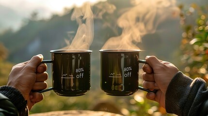 Celebrating a Discount with Warm Drinks Amidst Serene Natural Scenery