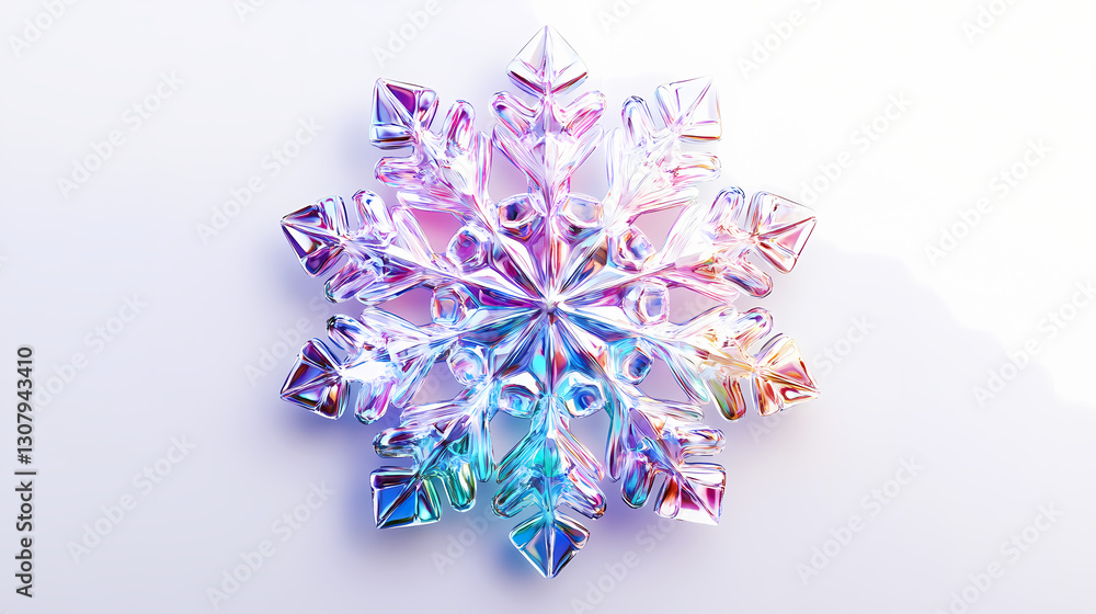 Wall mural 3d plastic holographic snowflake. realistic 3d element of shimmering metallic snowflake isolated on 