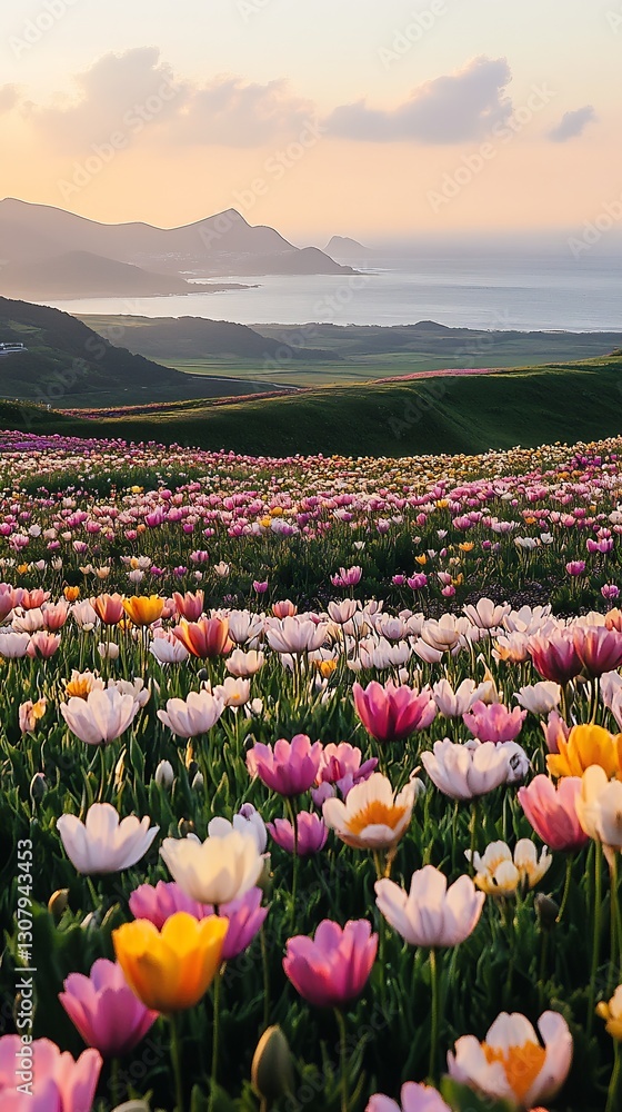 Poster enchanting sunset over vibrant tulip field with breathtaking mountains and ocean in the background :