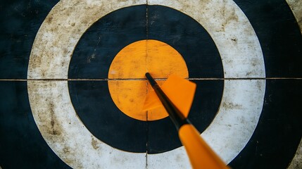Close up view of a target with an arrow pointing directly at the bullseye showing precision in archery : Generative AI