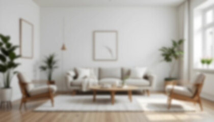 Fototapeta premium Blurred modern Scandinavian living room with a cozy sofa, mid-century furniture, wooden floor, white walls, and home plants. Soft, minimalist, and warm ambiance.