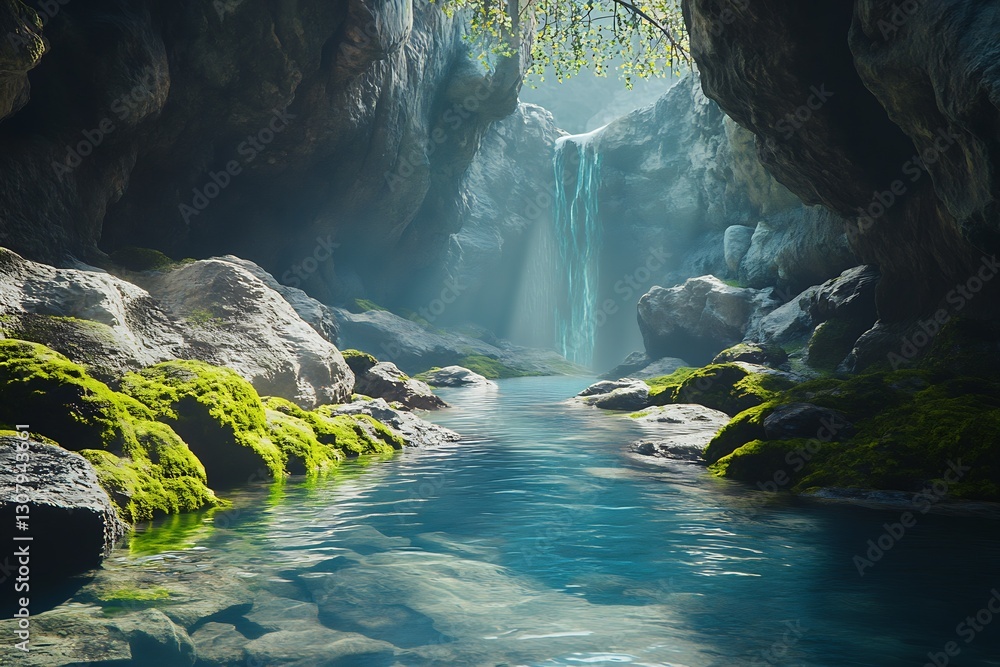 Poster peaceful forest scene featuring a serene waterfall cascading into a crystal clear pool surrounded by