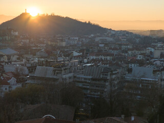 Sunset panrama of Plovdiv city from Nebet Tepe hill, Bulgaria
