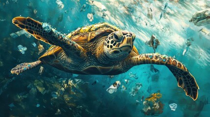 Fototapeta na wymiar Żółw morski w zanieczyszczonym oceanie