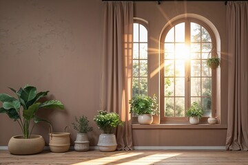 Warm Taupe Backdrop with Calming Sunlit Window Effect for Product Showcasing