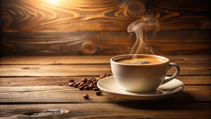 Rich aromatic coffee flows into a warm beige ceramic cup on a wooden table, highlighting the daily morning ritual , table, coffee