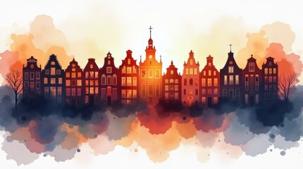 Fototapeta premium Serene Amsterdam Canal Houses Silhouette Watercolor Painting