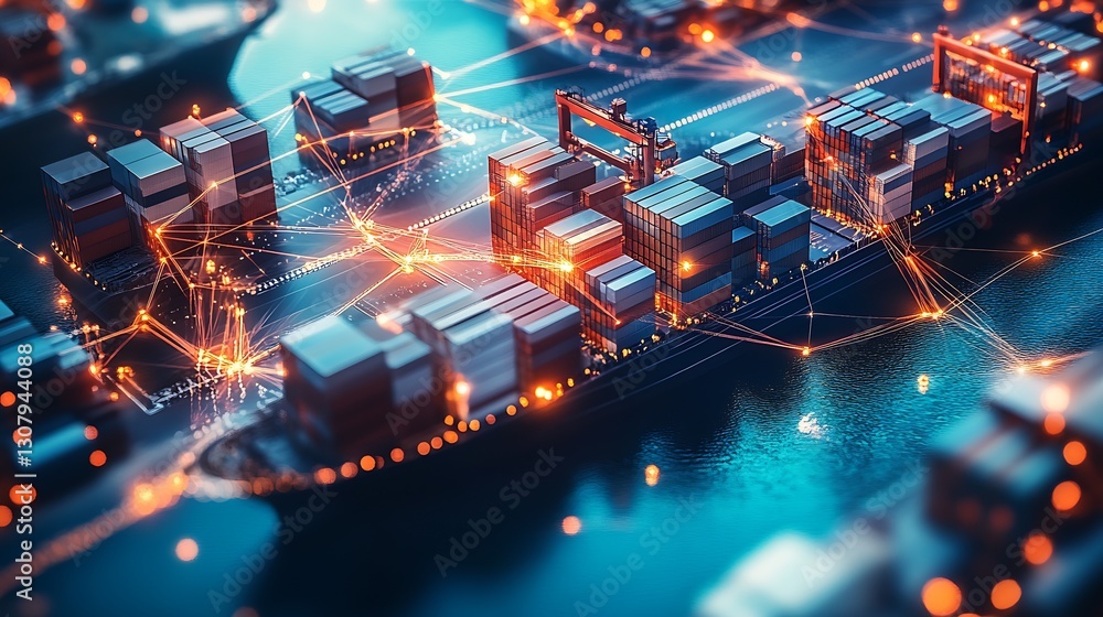Poster Bird's eye view of a large cargo vessel at a shipping dock with illuminated containers and busy operations : Generative AI