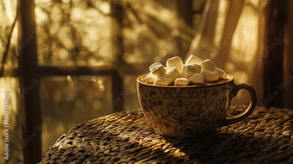Poster warm cocoa with marshmallows by window.