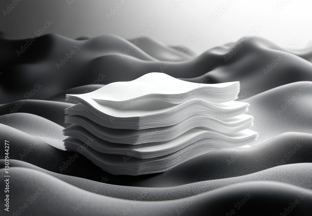Poster stack of blank papers on abstract grey waves background with soft light for minimalist and modern de