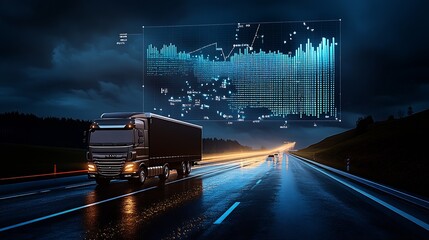 Nighttime highway view with a truck showcasing advanced analytics and performance data overlay : Generative AI