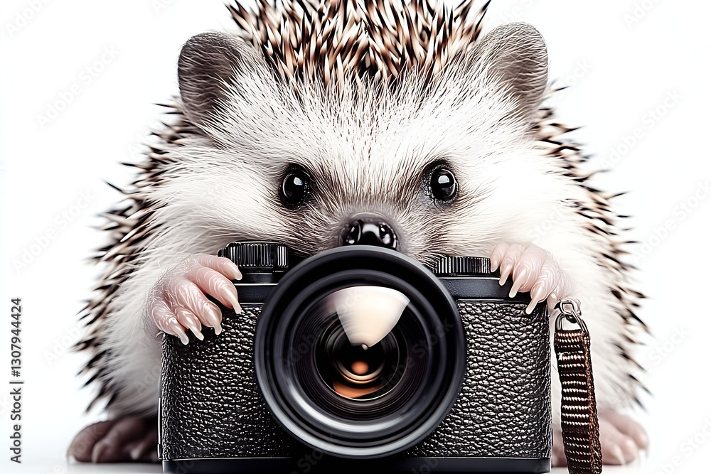Aufkleber charming hedgehog posing with a camera between its paws ready to capture the beauty of life around i
