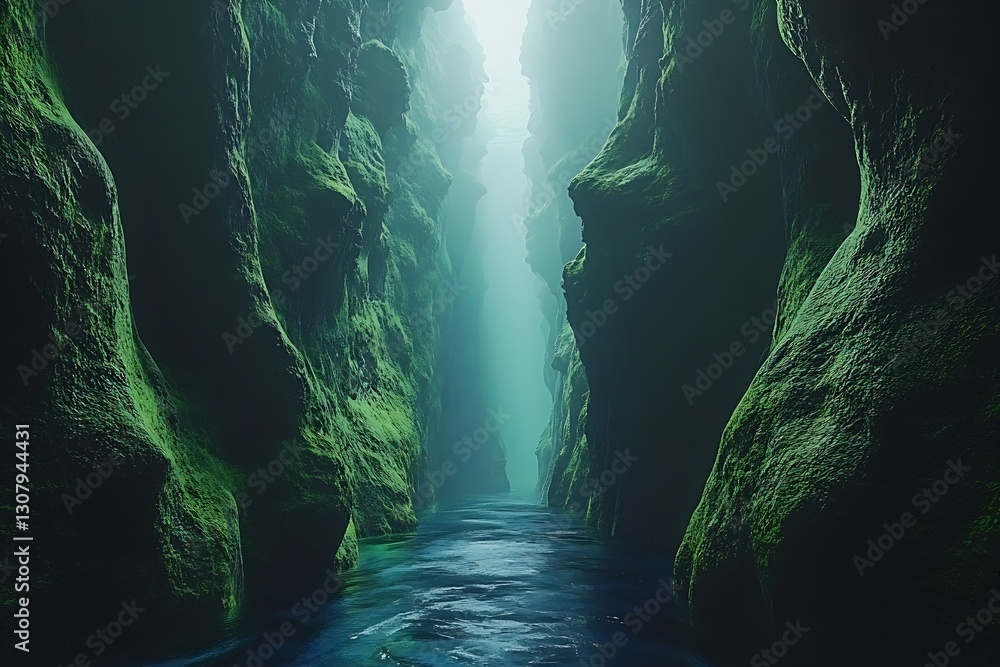 Poster Serene canyon view with lush greenery and tranquil water illuminated by soft light : Generative AI