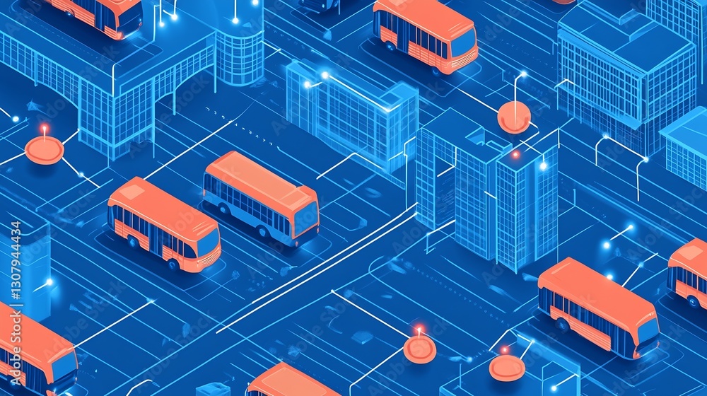 Poster Overview of a bustling city with buses optimizing navigation in a connected environment : Generative AI