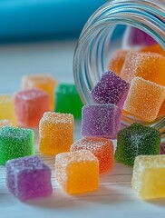 Close-up view of assorted gummy cubes spilled from a jar showcasing a palette of vibrant colors and textures : Generative AI
