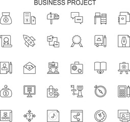 Set of 30 line icons related to project, startup, management, business. Editable stroke. Outline icon collection. Vector illustration