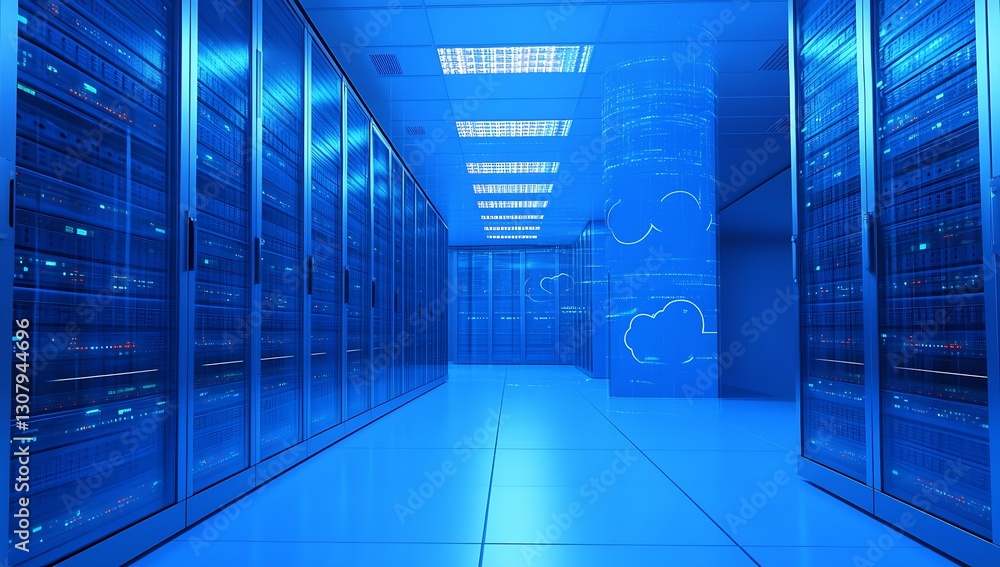 Leinwandbilder Futuristic server room with illuminated blue lights and rows of data storage servers in a digital environment : Generative AI