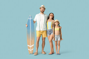 Family of tourists with surfboard on blue background