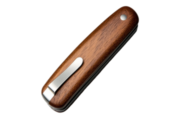 Wooden pocket knife with a silver clip, isolated