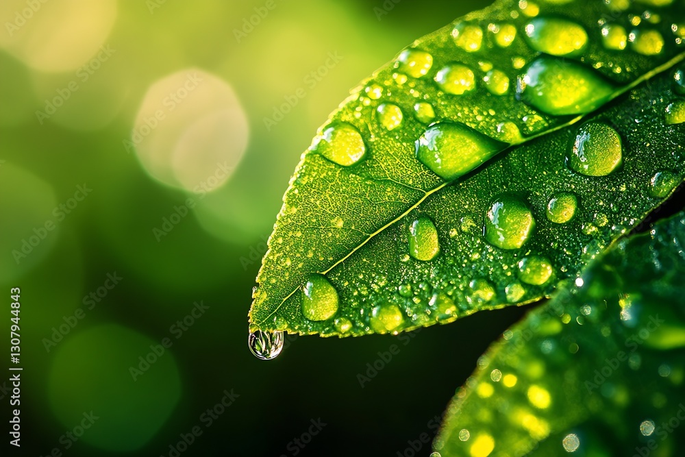 Fototapete dewy green leaves shimmering in soft light with droplets suspended on the surface creating a serene 