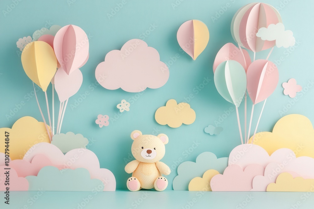 Poster whimsical paper cutout design featuring playful teddy bears and colorful balloons in a childrens the