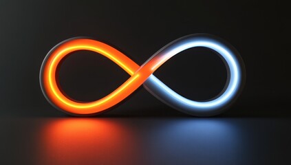 Stunning 3D Render of Infinity Symbol with Orange and Blue Neon Glow Against Dark Background, Perfect for Illustrating Concepts of Eternity and Boundlessness