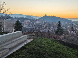 Fototapeta premium Sunset panrama of Plovdiv city from Nebet Tepe hill, Bulgaria