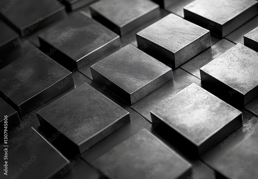 Poster textured black square blocks arranged on dark surface with subtle light reflections and shadows crea