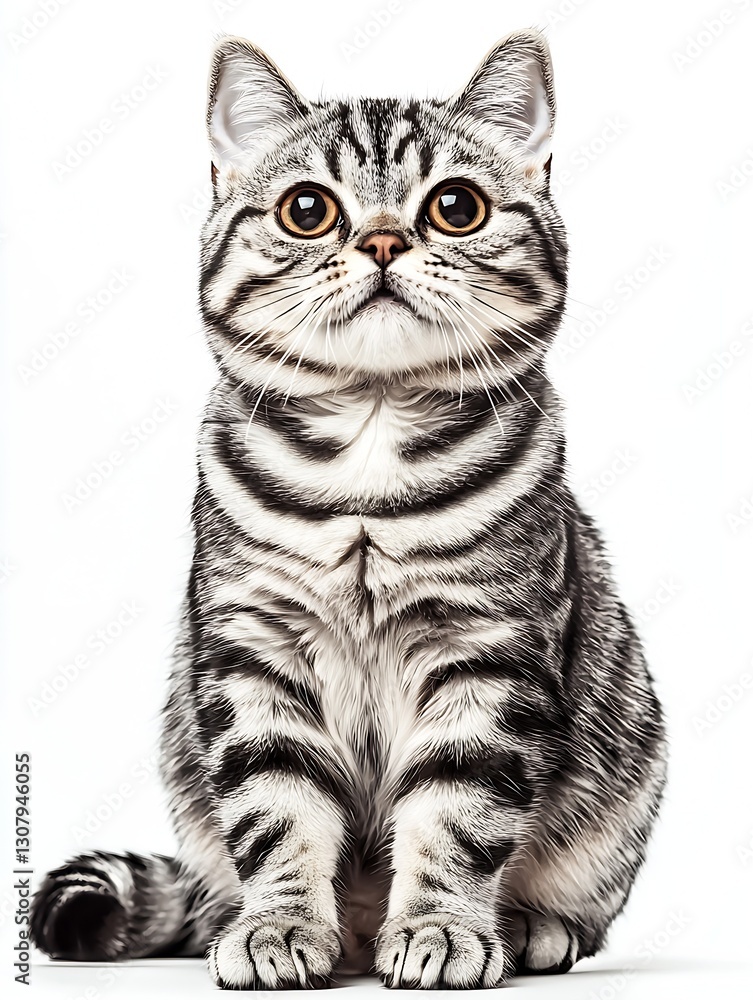 Poster adorable striped kitten with wide eyes and soft fur seated on a clean white background looking encha