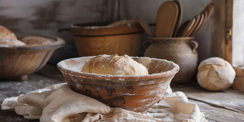 Fototapeta premium A rustic kitchen setup with bread dough rising in a ceramic bowl covered with a towel