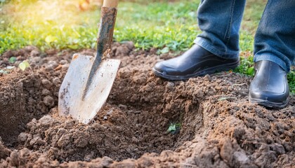 person with shovel digging a small hole for a plant in a garden