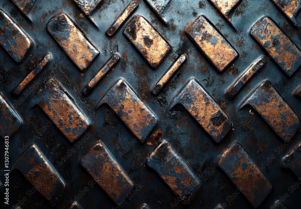 Poster textured metallic surface with rust and wear showing a diamond pattern highlighting age and industri