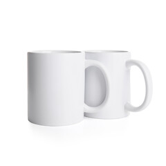 Empty ceramic mugs on white background