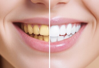 Transformation of a Smile with Teeth Whitening Effect Showing Before and After Comparison with Yellow and White Teeth in Close-Up Photograph