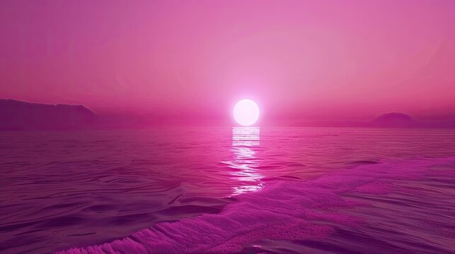 Luminous orb reflecting on a serene pink ocean landscape at twilight