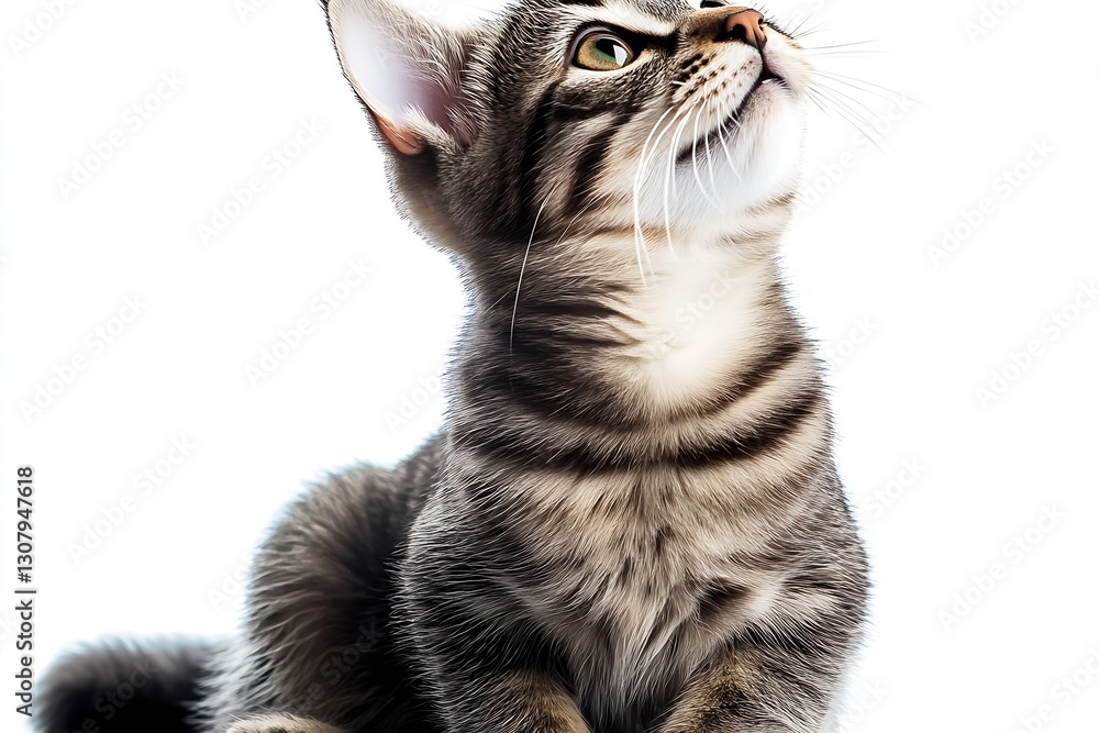 Poster Delightful kitten with unique stripe pattern staring up curiously against bright white setting : Generative AI