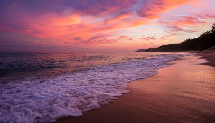 Obraz premium the shore of the beach at sunset with pink sky background