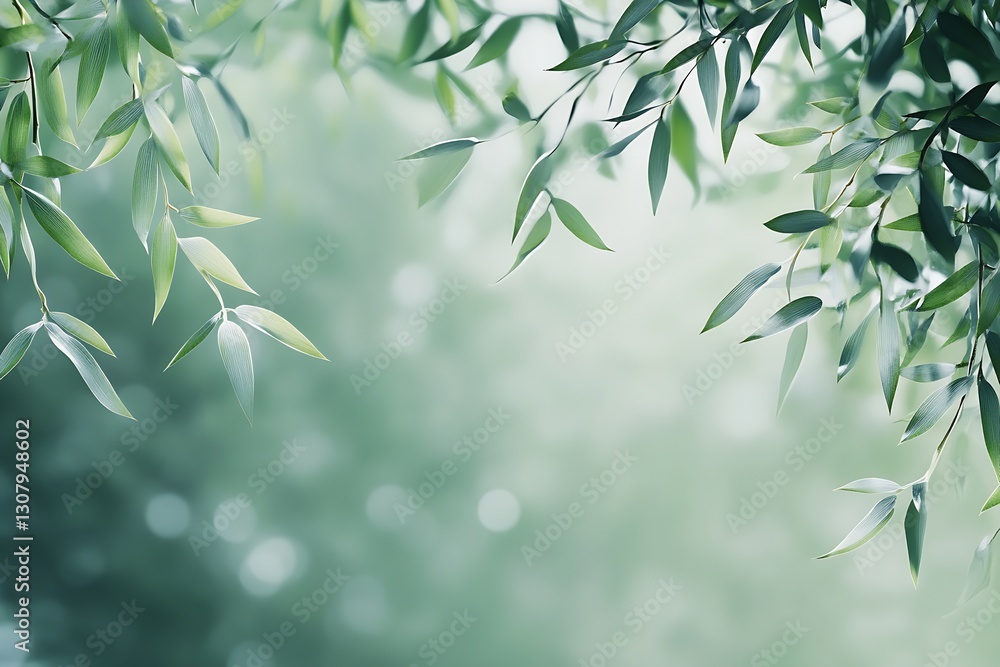 Leinwandbilder softly glowing bamboo leaves against a blurred background with warm bokeh effect : generative ai