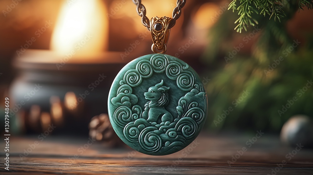 Poster beautiful carved green jade pendant featuring a lion design surrounded by artistic cloud patterns : 