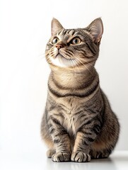 Fototapeta premium Stunning tabby cat with captivating eyes gazing upward in natural light : Generative AI