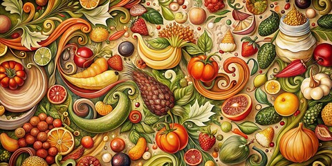 Fototapeta premium Abstract Organic Food Pattern: Freeform Pencil Sketch Background for Culinary Designs