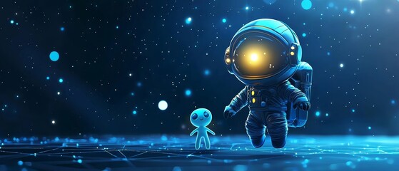 Fototapeta premium Cute Chibi Astronaut Character Floating in Zero Gravity Space Scene