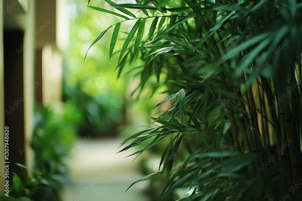 Poster lush greenery with soft focus bamboo leaves creating a peaceful garden atmosphere : generative ai